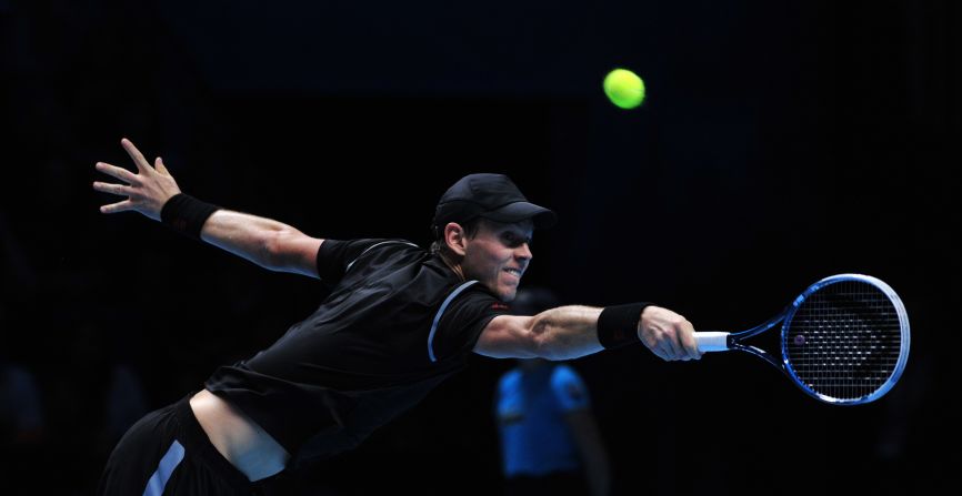 Czech star Berdych at full stretch during his three set defeat to Rafael Nadal at the ATP World Tour Finals.