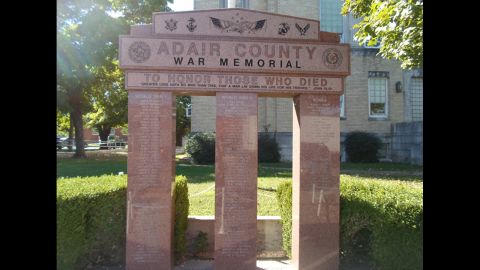 The Adair County War Memorial in Stilwell, Oklahoma, features an engraving of Pfc. Clarence Merriott's name.