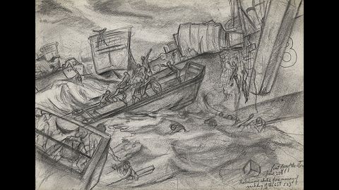 An artist's drawing of the rescue of LST 523, on Merriott served.