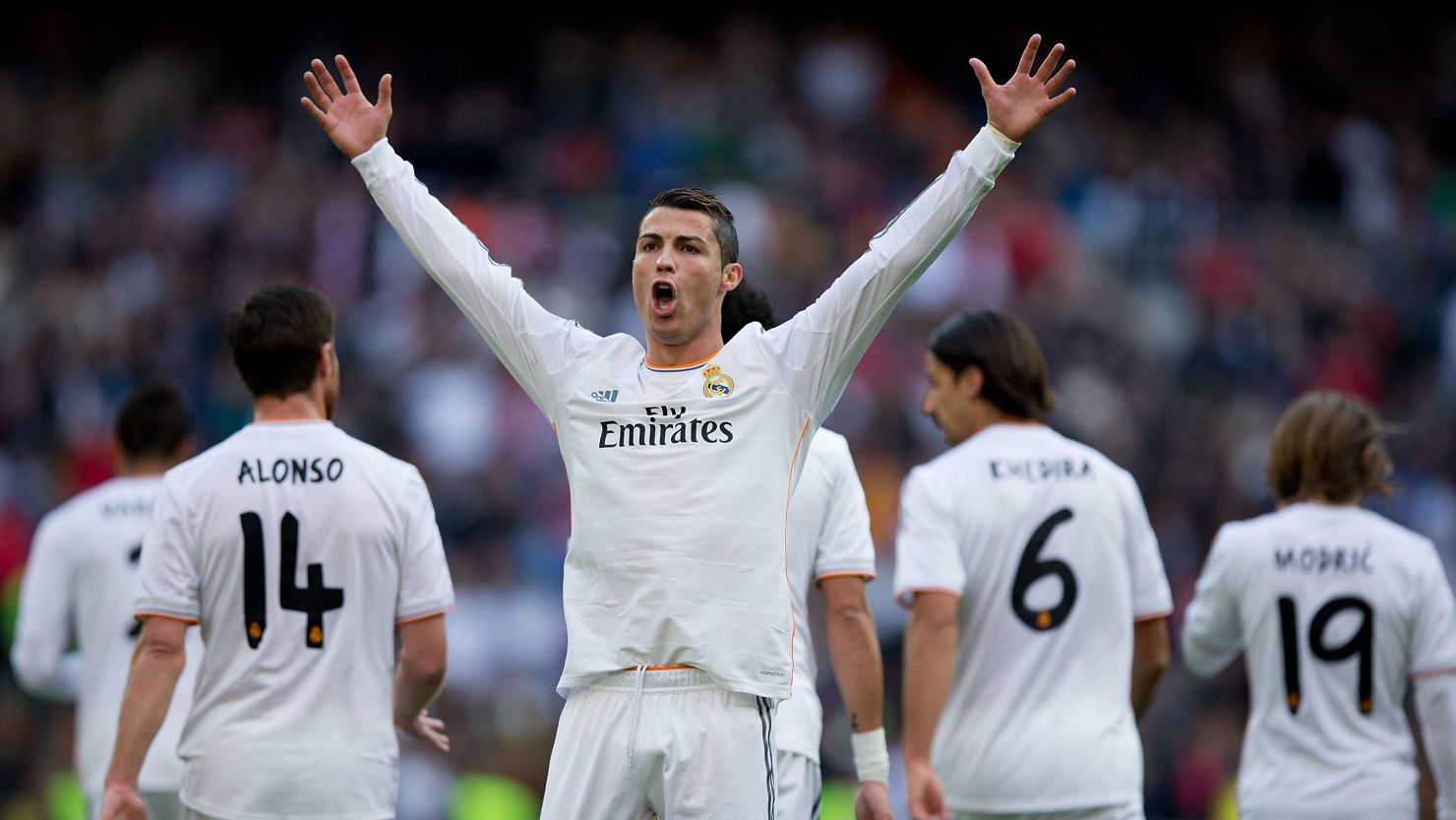 Cristiano Ronaldo milks the applause after scoring the opening goal in the 5-1 thrashing of Real Sociedad. 