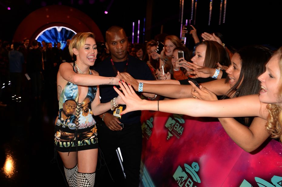 Miley Cyrus meets fans as she attends the awards at the Ziggo Dome in Amsterdam.