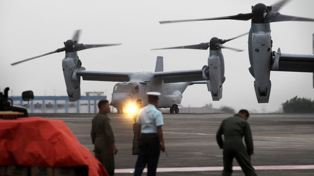 U.S. Marine Corps aircraft arrive at Villamor Airbase in Manila, Philippines, to deliver humanitarian aid to victims of Typhoon Haiyan on Monday, November 11.