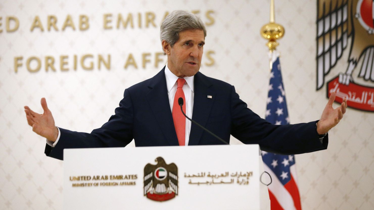 U.S. Secretary of State John Kerry speaks at the foreign ministry in Abu Dhabi Monday to brief the UAE on talks with Iran. 