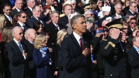 President Barack Obama looks on during a ceremony Monday at the Tomb of the Unknowns at Arlington National Cemetery.