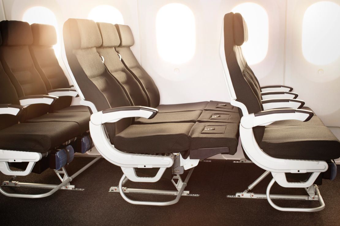 The "Skycouch," unique to Air New Zealand, where three seats join up to create a couch.