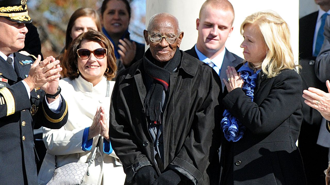 Richard Overton, age 107,  is acknowledged during a ceremony at Arlington National Cemetery in Virginia on Monday.
