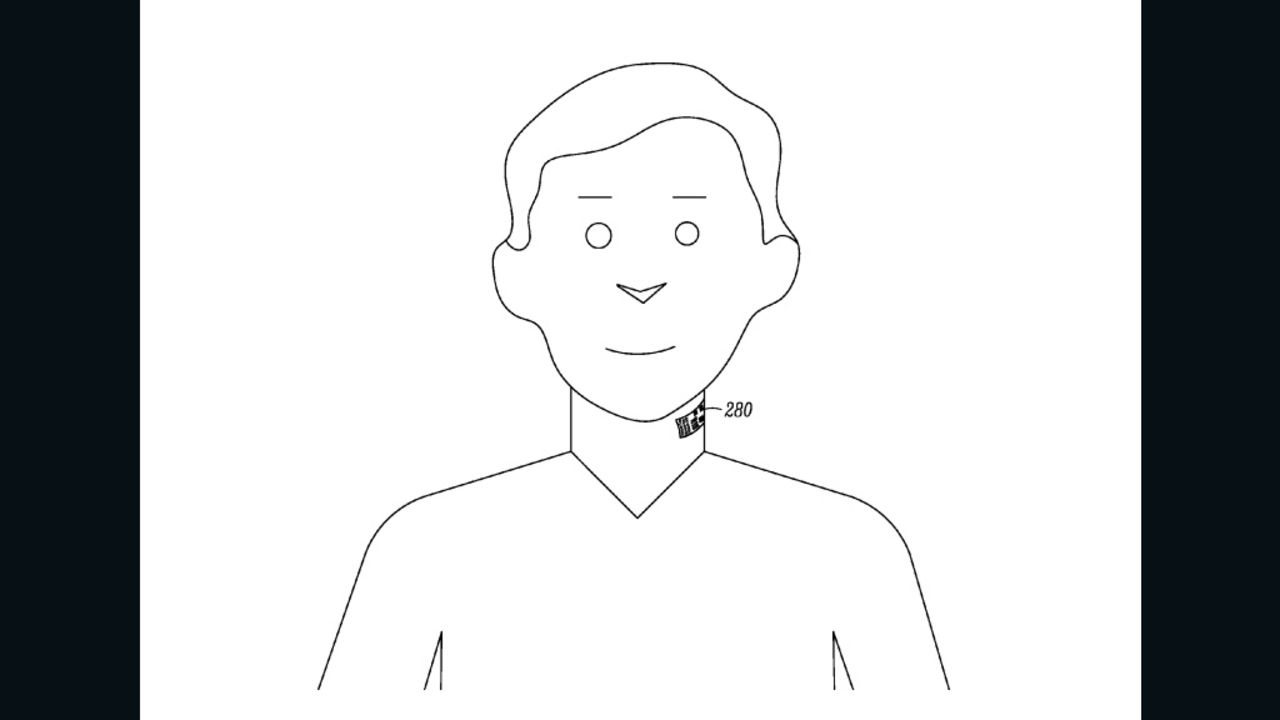 A new patent says an electronic tattoo could be attached to a user's throat or on a collar.