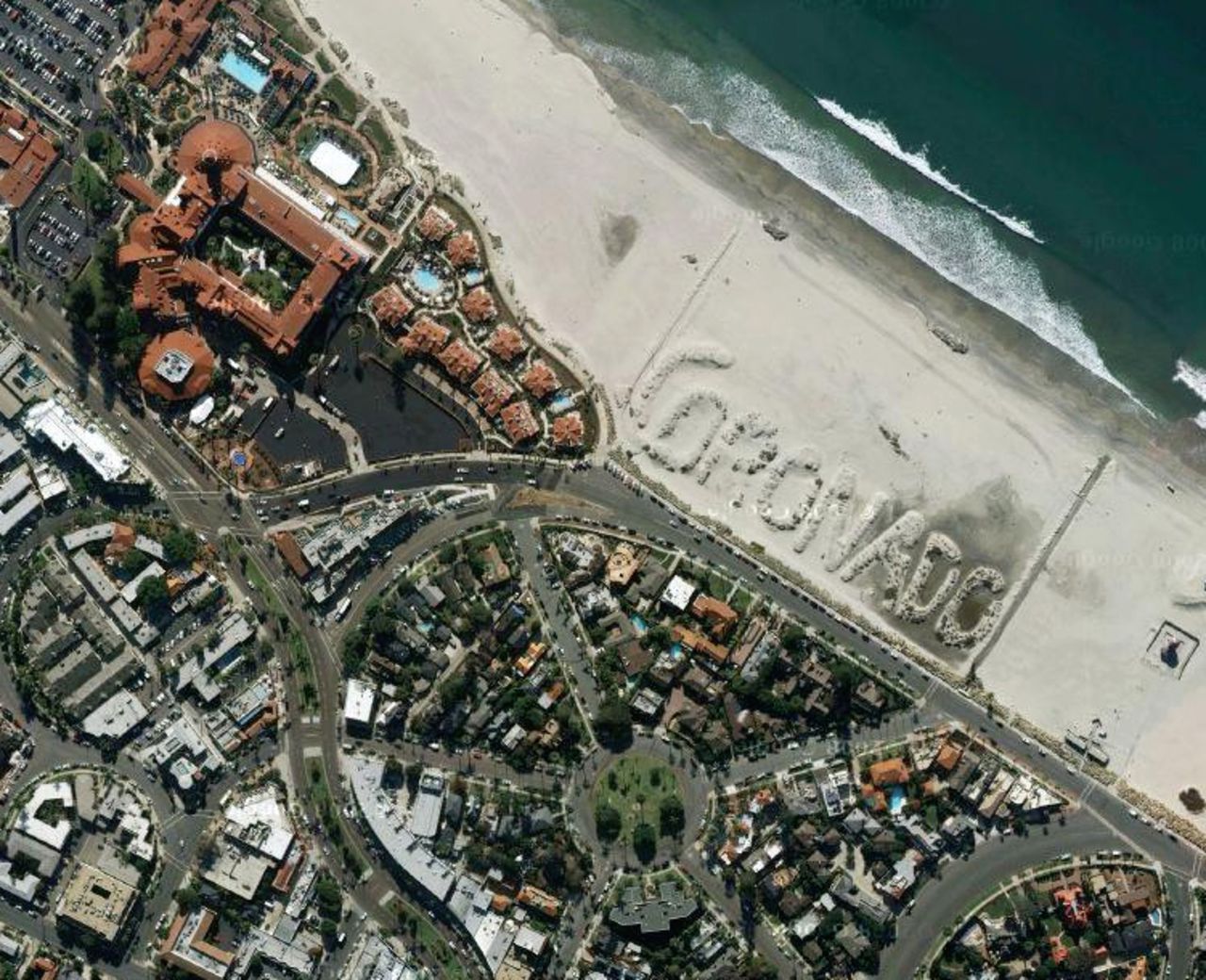 Coronado Beach is easily identifiable by air, thanks to a sand sculpture built by a city employee in 1988.