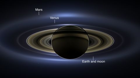 NASA's Cassini-Huygens spacecraft -- in service since 1997 and in orbit around the ringed giant since 2004 -- took pictures of Saturn and its rings during a solar eclipse on July 19. It acquired a panoramic mosaic of the Saturn system that allows scientists to see details in the rings and throughout the system as they are backlit by the sun. This mosaic marks the third time Earth has been imaged from the outer solar system. It is the second time it has been imaged by Cassini from Saturn's orbit. This annotated image shows Earth as a tiny dot.