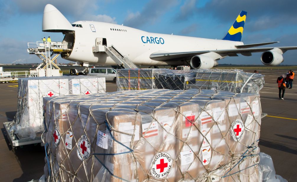 Relief supplies are loaded onto an airplane in Germany on November 13.