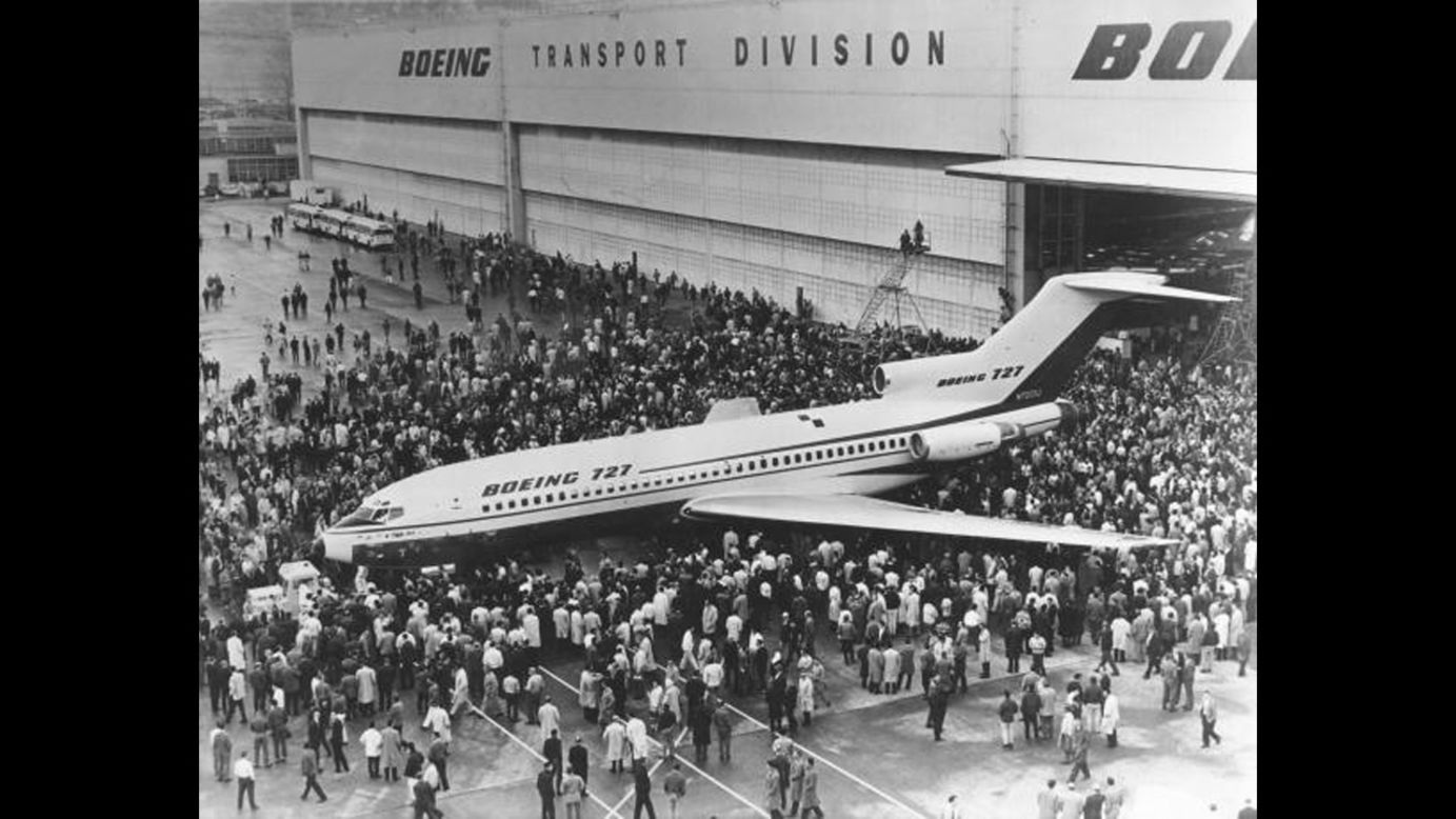 Crowds in Seattle gather for the first viewing of the Boeing 727 jet in December 1962. The aircraft's first flight would take place on February 9, 1963. The 727 is credited with opening the door to domestic travel for millions of everyday Americans.
