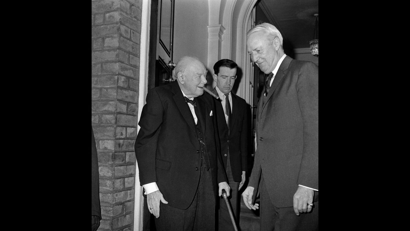 David Bruce, the American ambassador to Britain, takes leave of Sir Winston Churchill at Hyde Park Gate, London, on April 10, 1963, after presenting the former British prime minister with a proclamation naming him the first honorary citizen of the United States, a title given to him the day before on April 9, 1963.