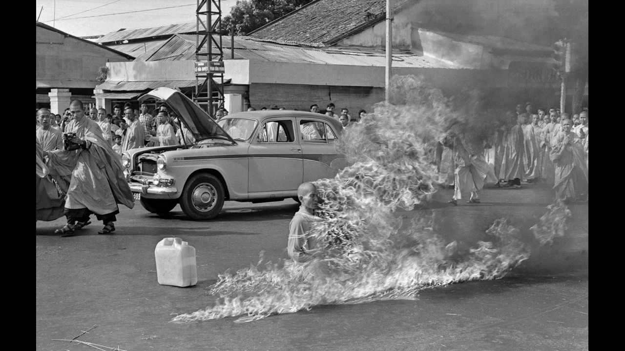 Thich Quang Duc, a Buddhist monk, burned himself to death on a Saigon street June 11, 1963, to protest alleged persecution of Buddhists by the South Vietnamese government.