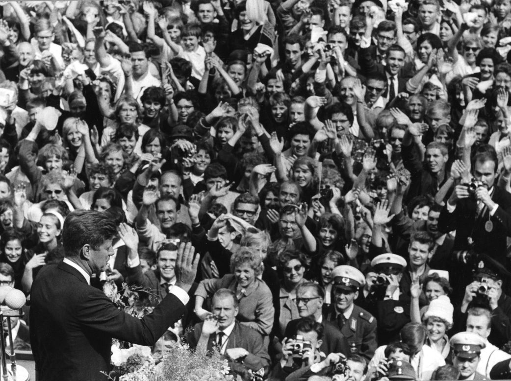 U.S. President John F. Kennedy delivers his famous "Ich bin ein Berliner" ("I am a Berliner") speech to a massive crowd in West Berlin on June 26, 1963.