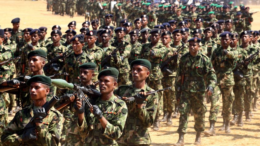 Sri Lankan military officers march during military parade rehearsals in preparation for the celebration of the third anniversary of the end of the civil war and the defeat of the separatist Tamil Tiger rebels on May 17, 2012 in Colombo, Sri Lanka.