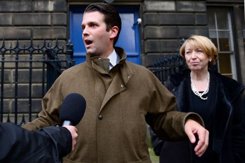Donald Trump Jr. speaks to the media after the first day of a court hearing in Edinburgh on November 12. His father is challenging a Scottish Government decision to allow an offshore wind farm near his championship golf course resort.  