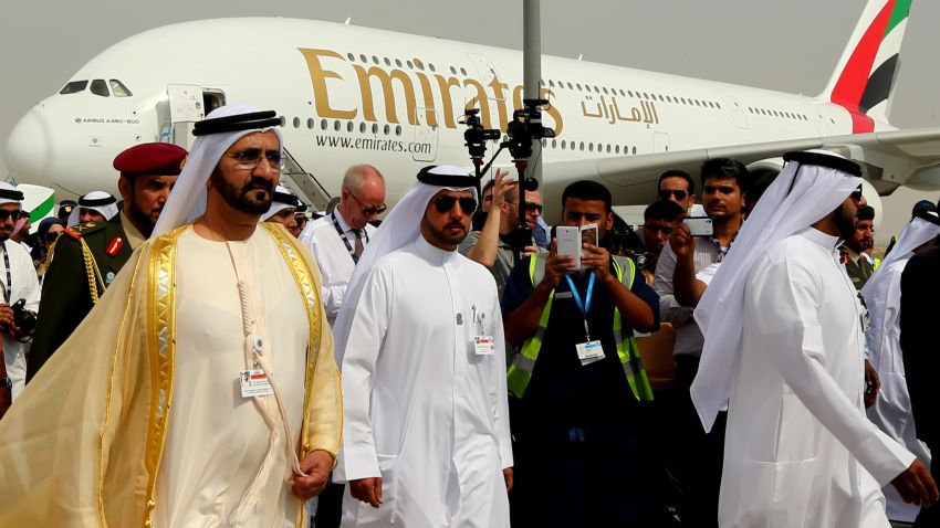 Ruler of Dubai Sheikh Mohammed Bin Rashid al-Maktoum (L) at the Dubai Airshow on November 17.