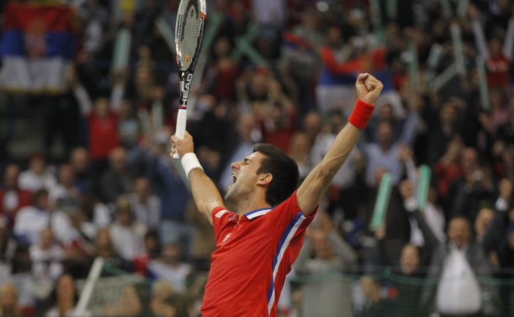 Novak Djokovic celebrates his straight sets victory over Tomas Berdych to draw Serbia level with the Czech Republic in the Davis Cup final.at 2-2.  