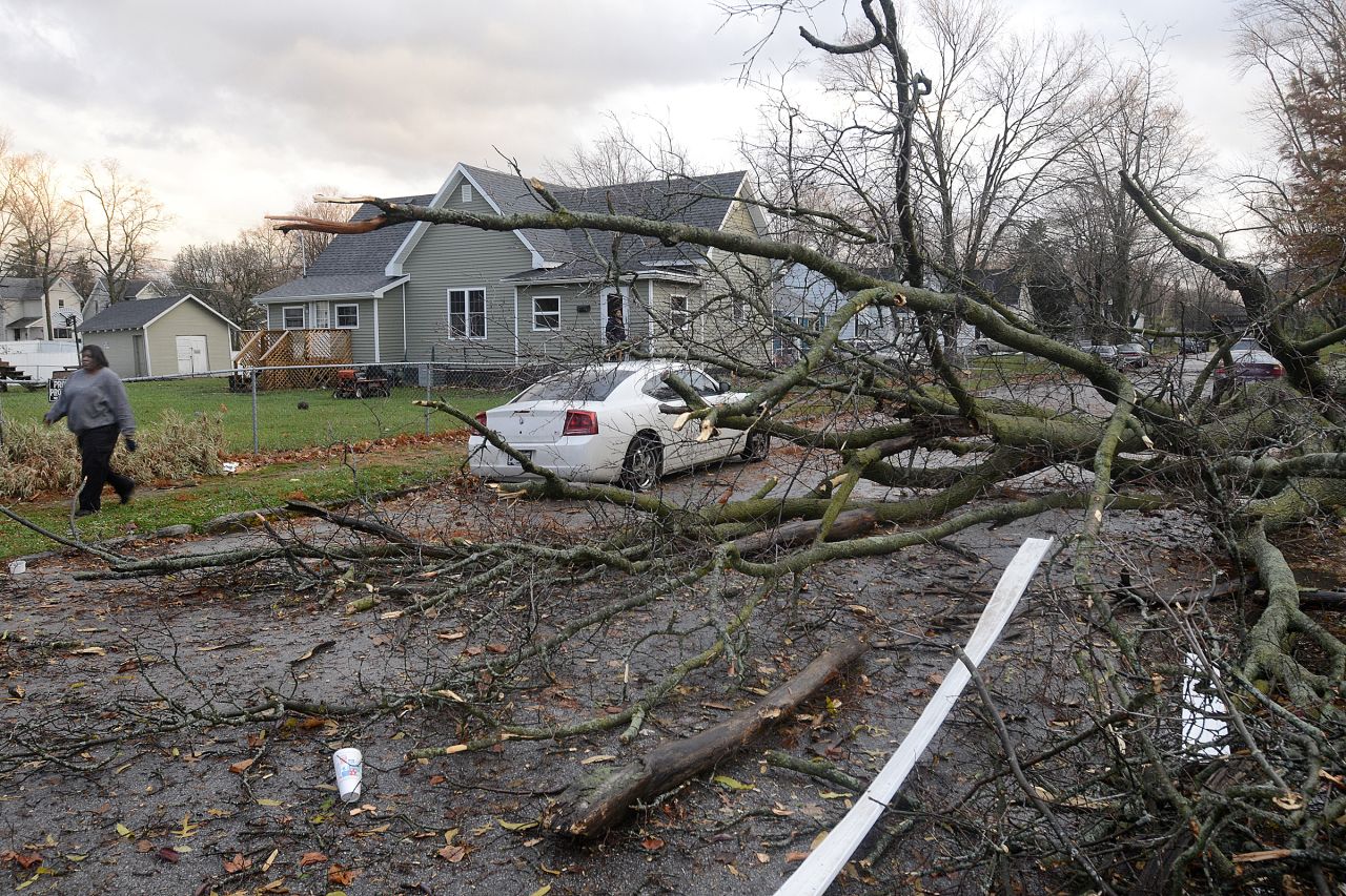 A fallen tree blocks traffic on November 17 in Marion, Indiana.