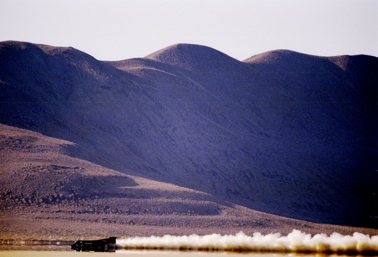 3 Oct 1997: General view of the Thrust SSC Car in action during the Supersonic World Land Speed Record Challenge at Black Rock Desert in Gerlach, Nevada. 