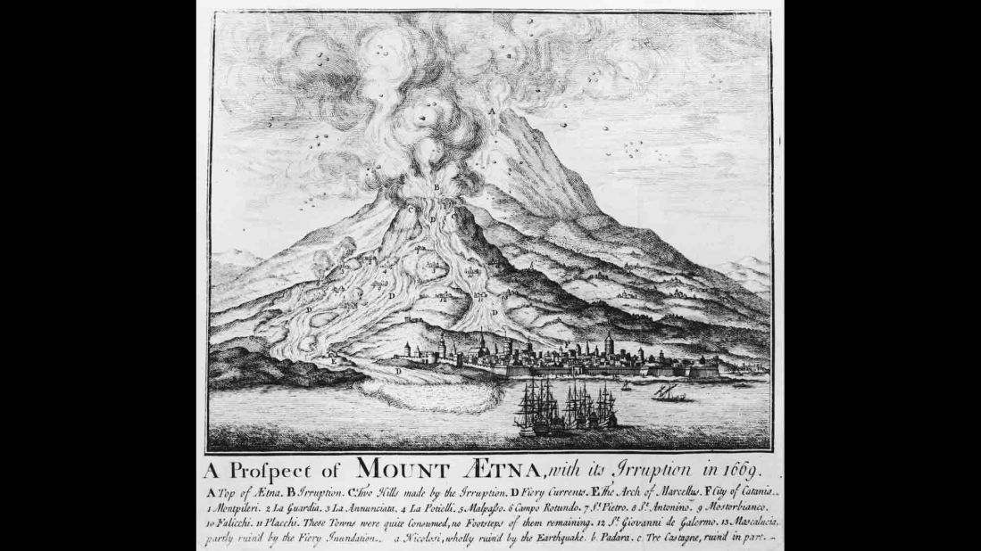 An illustration shows an Etna eruption in 1669.