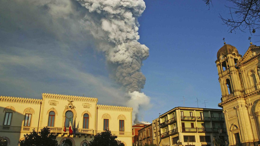 A tower of smoke and ash looms over the Sicilian town of Zafferana in January 2012. Etna eruptions are relatively frequent -- the past 12 months have seen a string of powerful lava fountains, flows and ash emissions.