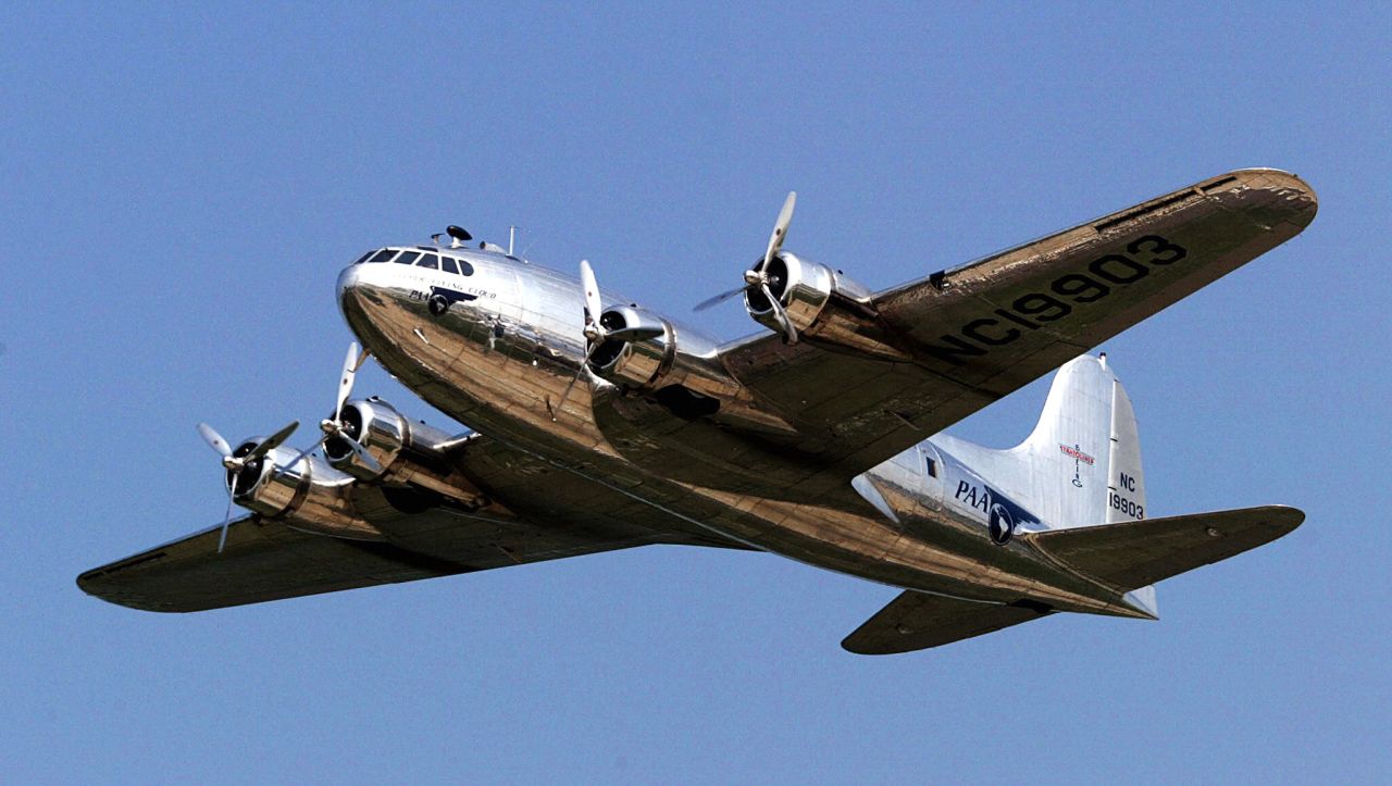 Based on the B-17 military bomber, Boeing's 307 Stratoliner first flew on December 31, 1938. It was the first commercial transport aircraft with a pressurized cabin, allowing it to fly above the clouds and bad weather. Howard Hughes bought one, and turned it into a "flying penthouse" with a bedroom, two bathrooms and lounge area. 