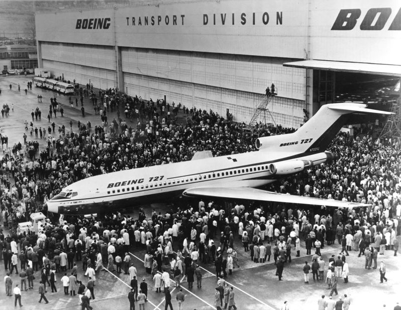 Seating about 150 passengers, the short- and medium-haul Boeing 727 became a workhorse of the airline industry.