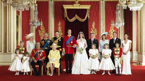 The British royal family in the Throne Room at Buckingham Palace in London on April 29, 2011.