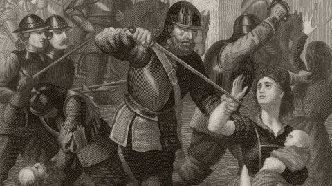 Oliver Cromwell's troops attack the town's civilians after the Siege of Drogheda in County Louth, September 1649. 