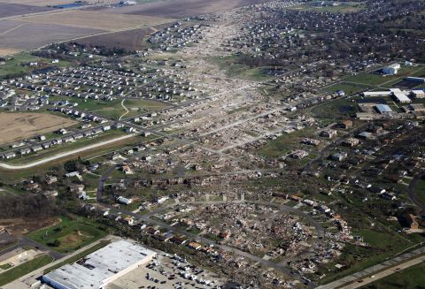 An aerial photo taken on November 18 shows tornado-damaged homes in Washington, Illinois.