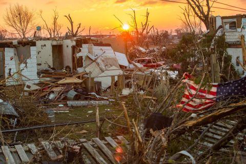 Washington, Illinois, sits in ruins on Monday, November 18, the day after a severe tornado ripped through the community. A fast-moving storm system that produced several tornadoes left behind a path of destruction across the Midwest.