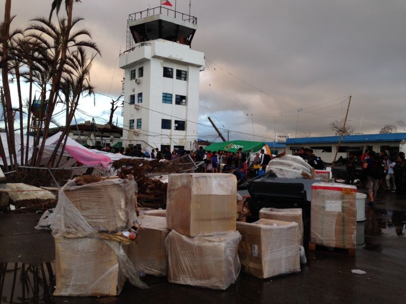 Relief aid waits to be distributed at Tacloban's battered and chaotic airport on November 13.