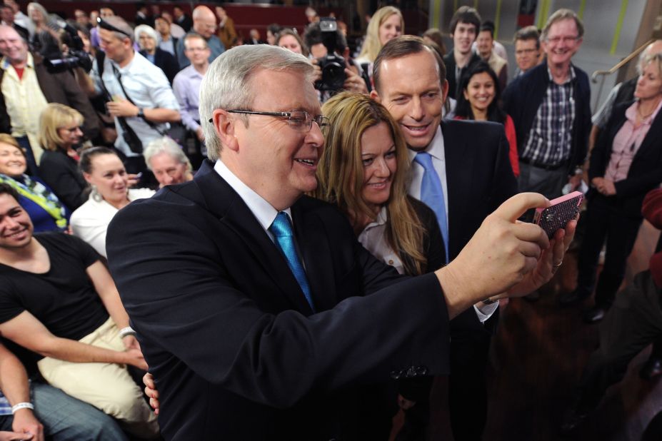 After the Sky News People's Forum in August, then-Australian Prime Minister Kevin Rudd, left, and opposition leader Tony Abbott took a selfie with Nada Makdessi in Sydney. Abbott became prime minister in September.