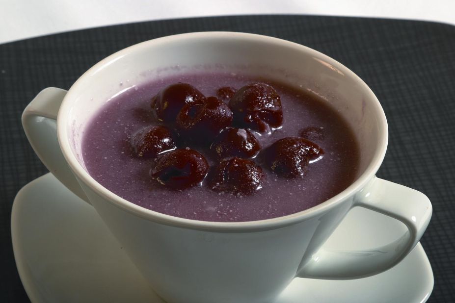 While a lot of Hungarian dishes are perfect for cold days, chilled sour cherry soup is just the thing for warm summer evenings. Fresh sour cherries combine with sour cream and sugar in this refreshing classic. 