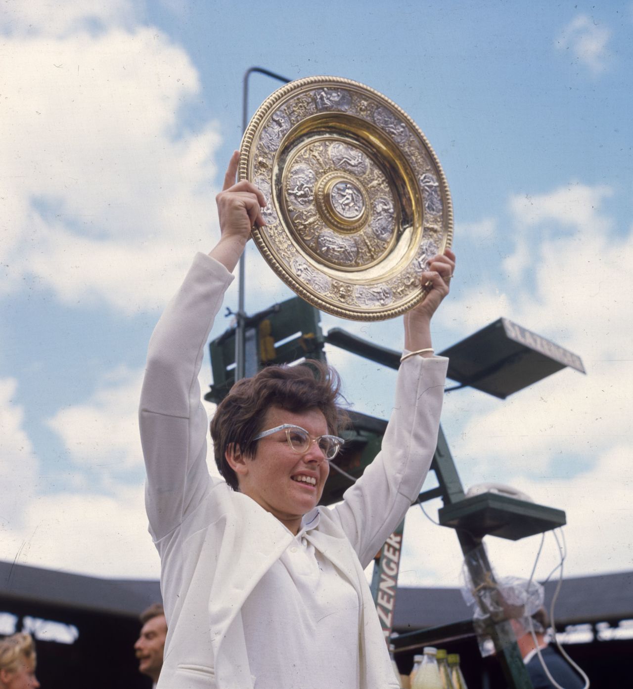 King holds aloft the trophy after beating Ann Jones to win the women's singles title at the Wimbledon Lawn Tennis Championships in 1967.
