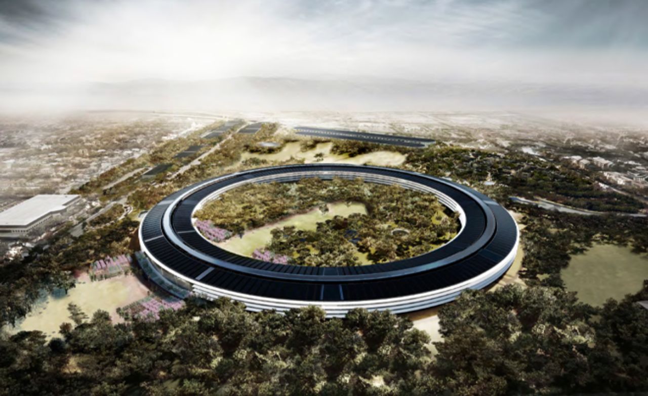 Apple is planning an expansion of its corporate headquarters on a 176-acre plot in Cupertino, California -- a site that was once home to HP and Compaq. This rendering shows the spaceship-like main building, which has 2.8 million square feet and room for 13,000 employees. 