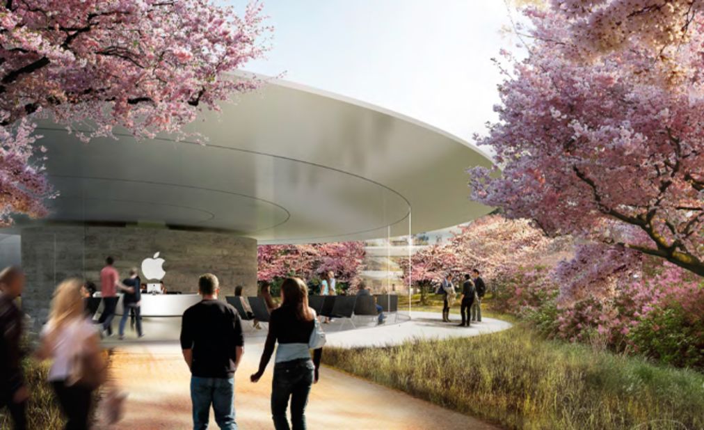 The renderings show architectural designs that borrow from the sleek, minimalist aesthetic of Apple's retail stores. This image shows a visitor's entrance.