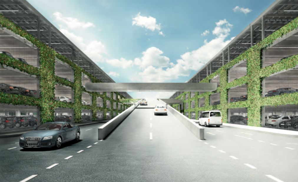 This parking garage will have solar panels on top and plants drizzled down the sides. 