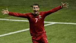 Portugal's Cristiano Ronaldo celebrates after scoring the 2-3 at the Friends Arena in Solna, near Stockholm on November 19, 2013 during the FIFA 2014 World Cup playoff football match Sweden vs Portugal. AFP PHOTO/TT NEWS AGENCY/ PONTUS LUNDAHL/sweden out (Photo credit should read PONTUS LUNDAHL/AFP/Getty Images)