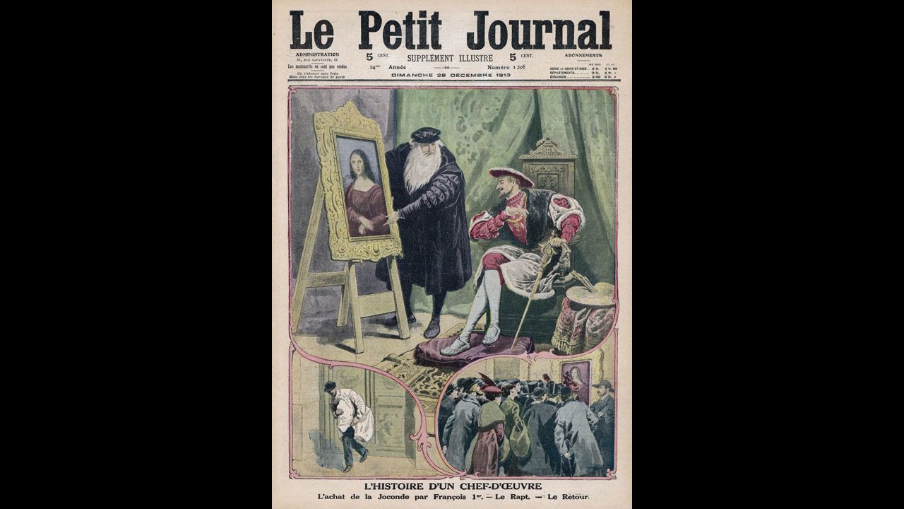 Este dibujo, el cual apareció en la edición del 28 de diciembre de 1913 de Le Petit Journal, muestra a Da Vinci enseñándole a la Mona Lisa al rey Francois I. Abajo aparecen dibujos del robo y la recuperación del cuadro.