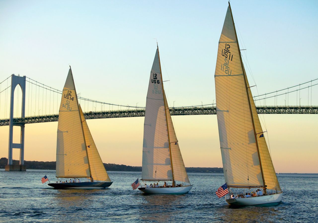 In Rhode Island, where van der Wal lives, three of the region's famous 12 Meters class boats (Northern Light, Gleam and Onawa) make the most of the sunset as they enjoy a cruise under the Newport Bridge. 