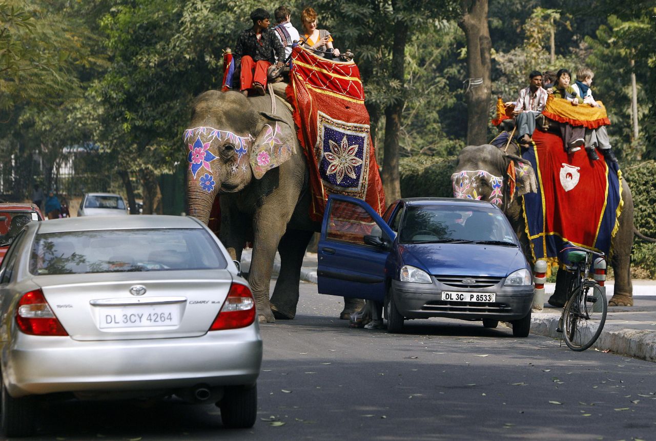 Montar un elefante en el caótico tráfico en la India puede ser muy estresante, pero sigue siendo mejor que el metro. 