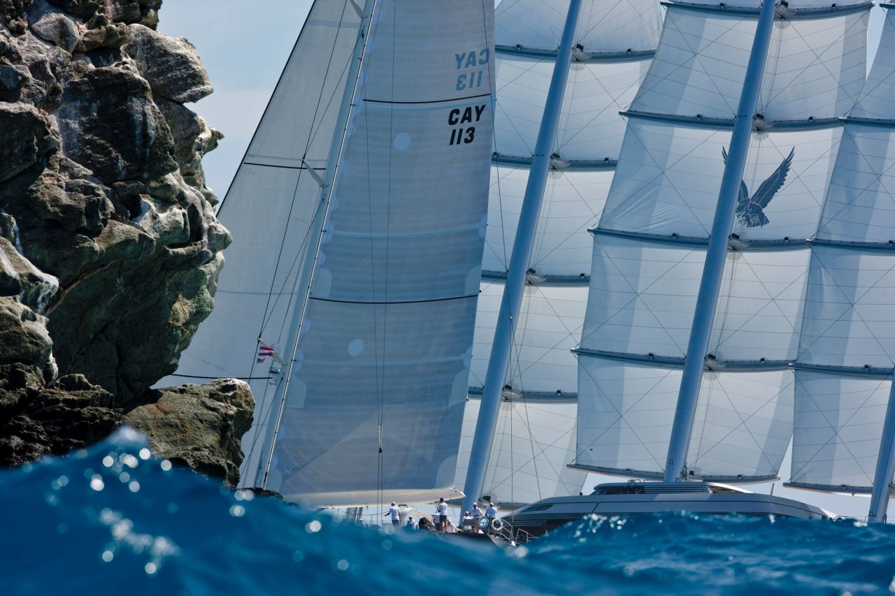 Here he pictures mega yachts P2 and Maltese Falcon rounding Ile Forchue in the Caribbean Sea during the annual St. Barth's Bucket Regatta.<br />
