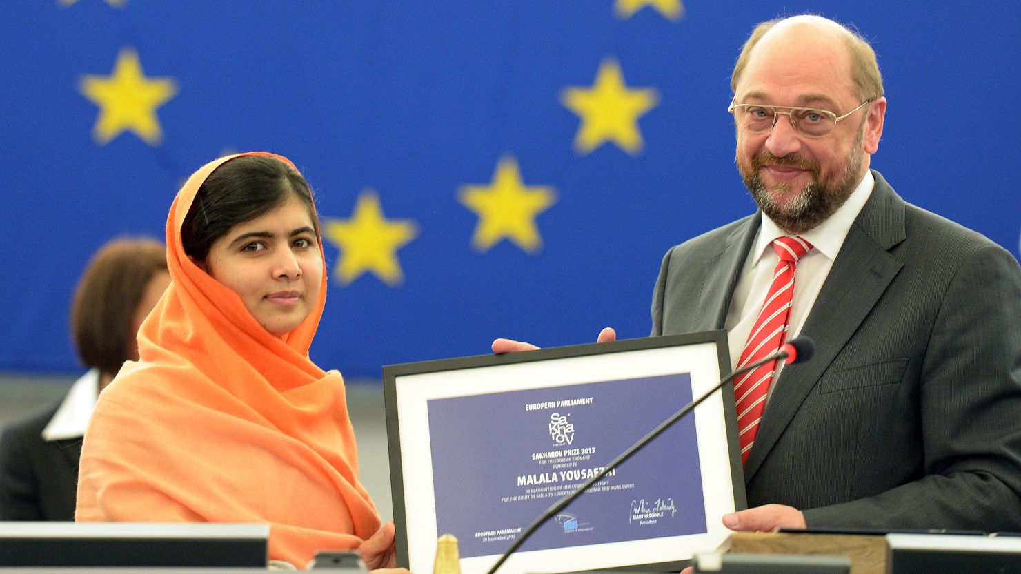 Malala Yousafzai with European Parliament president Martin Schulz, on November 20, 2013 in Strasbourg, France.