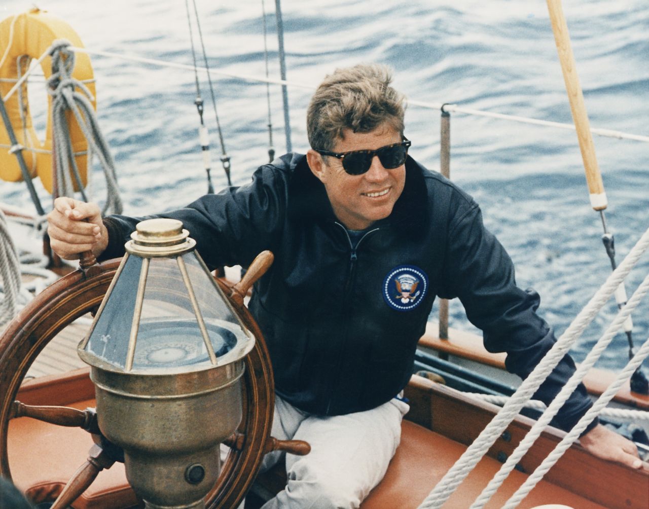 Like many members of the Kennedy family, John F. Kennedy loved sailing and was frequently photographed at sea with his wife, young children and other relatives.