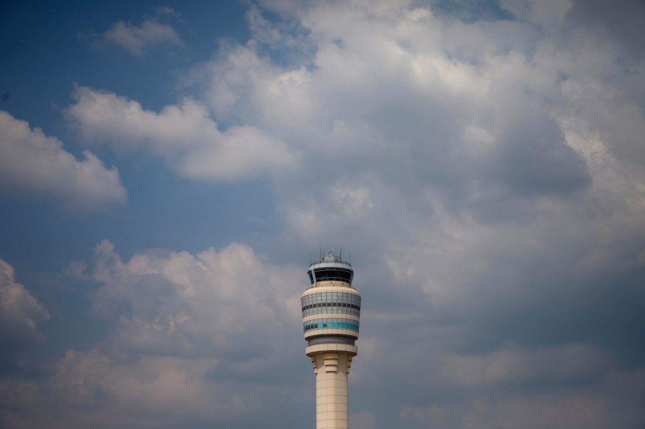The air traffic control tower offers a 360-degree view of the runways.