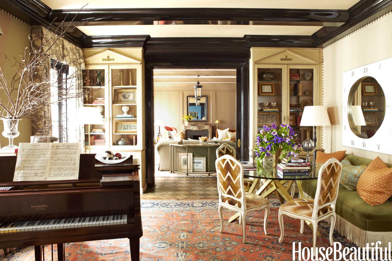 This dining room, which will be featured in the December 2013 issue of House Beautiful, was decorated by Garrow Kedigian as a music room and dining room. Multipurpose dining rooms are a recent trend, according to editor Shax Riegler.
