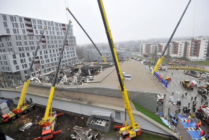 Damage is visible in the daylight at a Riga, Latvia, supermarket on November 22.