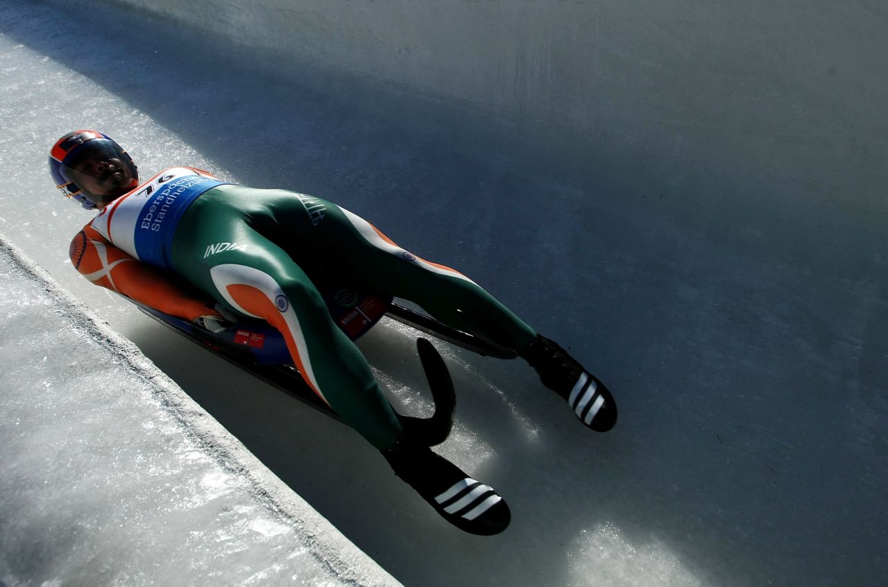 When competing, he can hit a top speed of 135 kph, with just a small sled and his protective clothing between him and the ice track.